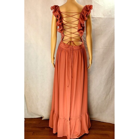 New LULUS Women's (L) Soiree Celebration Rusty Rose Ruffled Lace-Up Maxi Dress - Picture 6 of 15